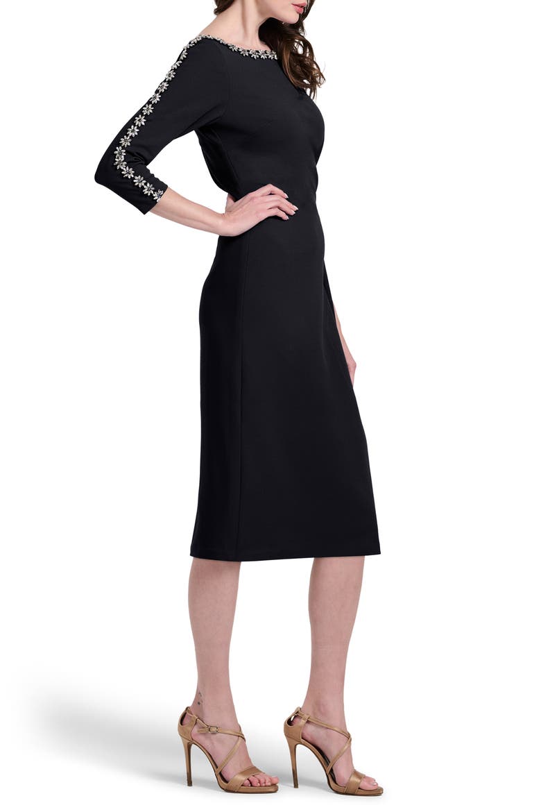 Crystal Floral Detail Stretch Crepe Cocktail Dress, Alternate, color, BLACK