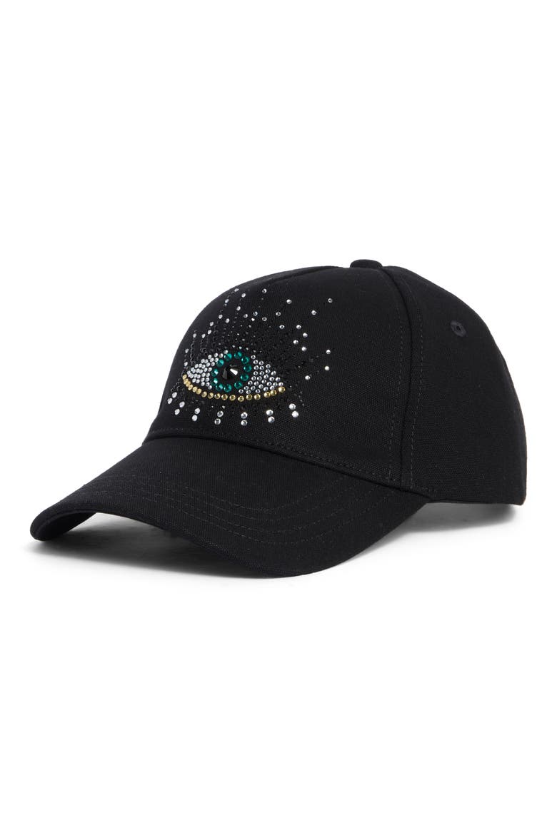Evil Eye Embellished Adjustable Baseball Cap, Main, color, BLACK