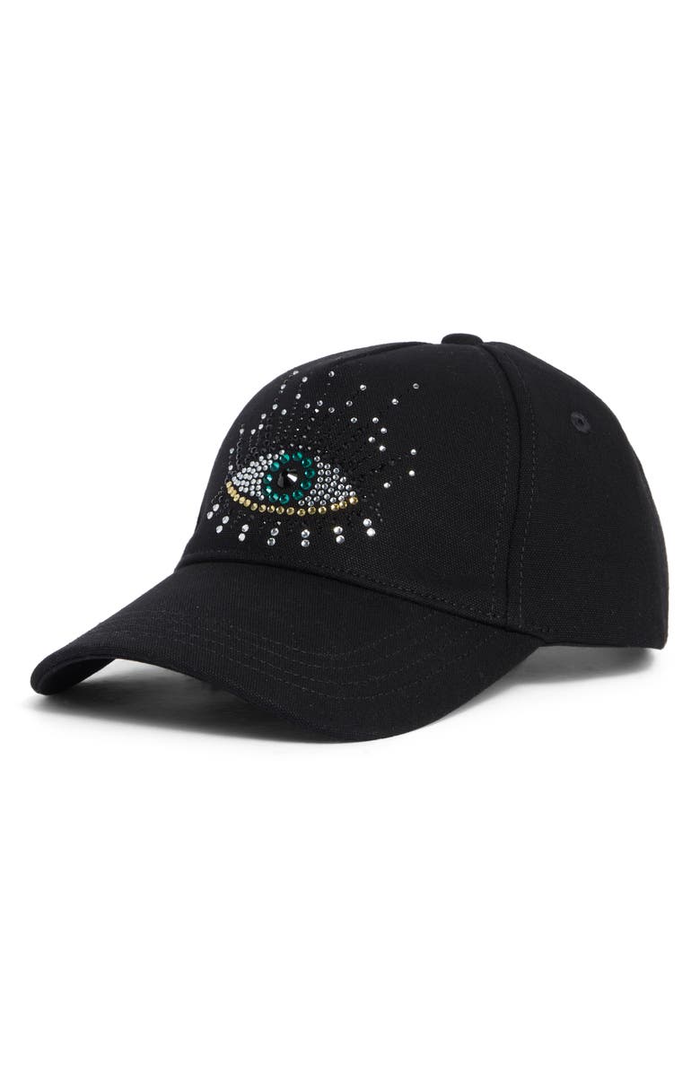 Kurt Geiger London Evil Eye Embellished Adjustable Baseball Cap, Main, color, Black