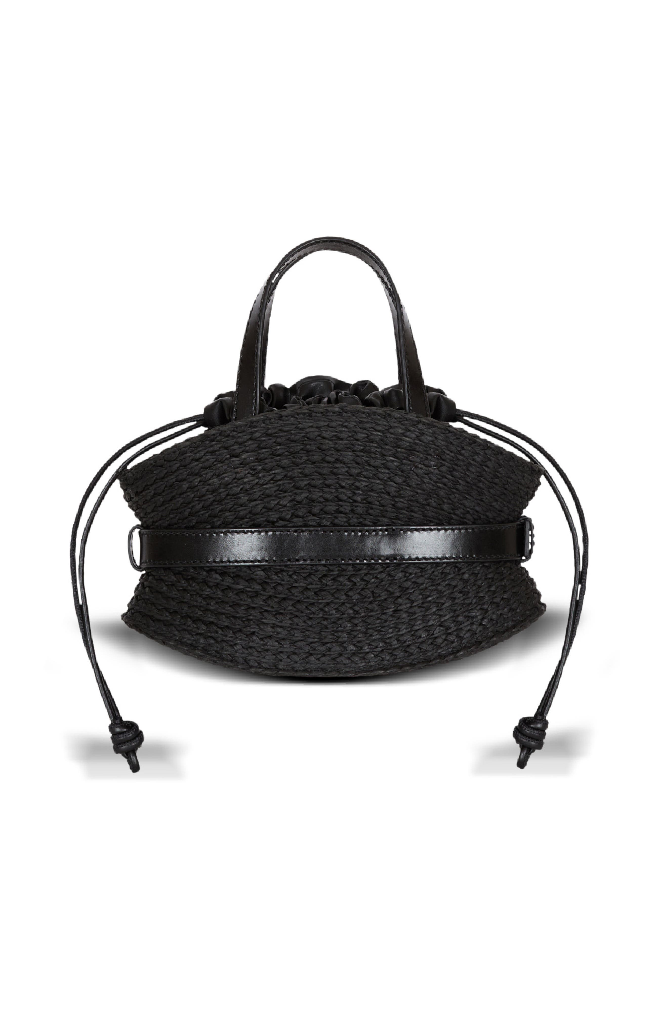 Balmain Shuffle Mini bag in calfskin and raffia, Alternate, color, Black