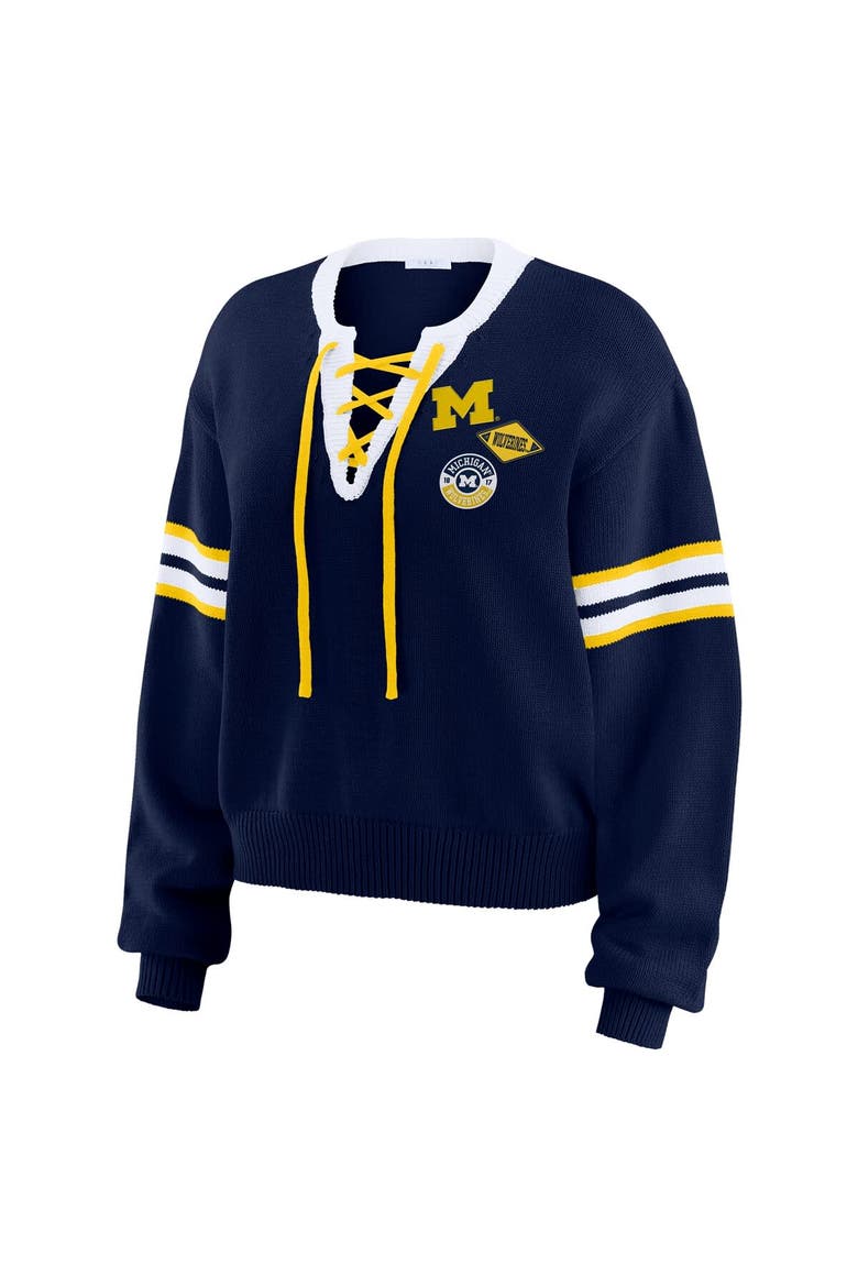 Women's WEAR by Erin Andrews Navy Michigan Wolverines Lace-Up Pullover Sweater, Alternate, color, Navy