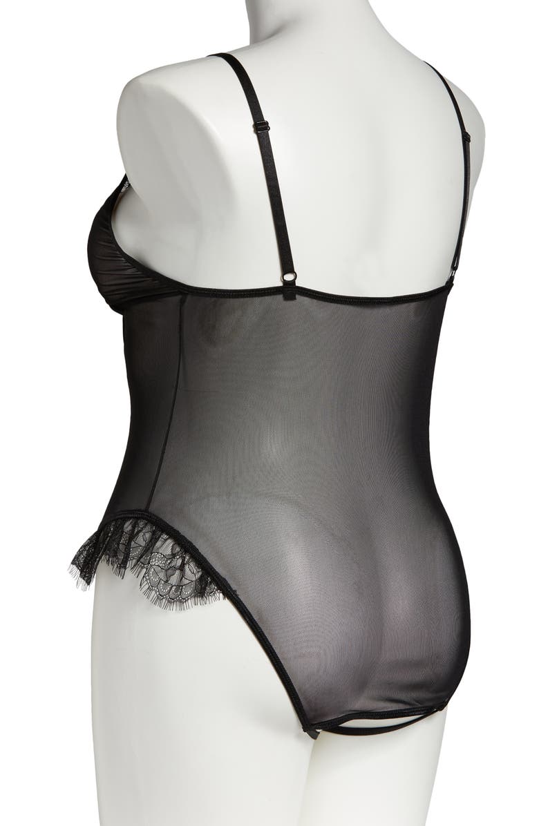 Coquette Lace & Mesh Open Gusset Teddy, Alternate, color, Black