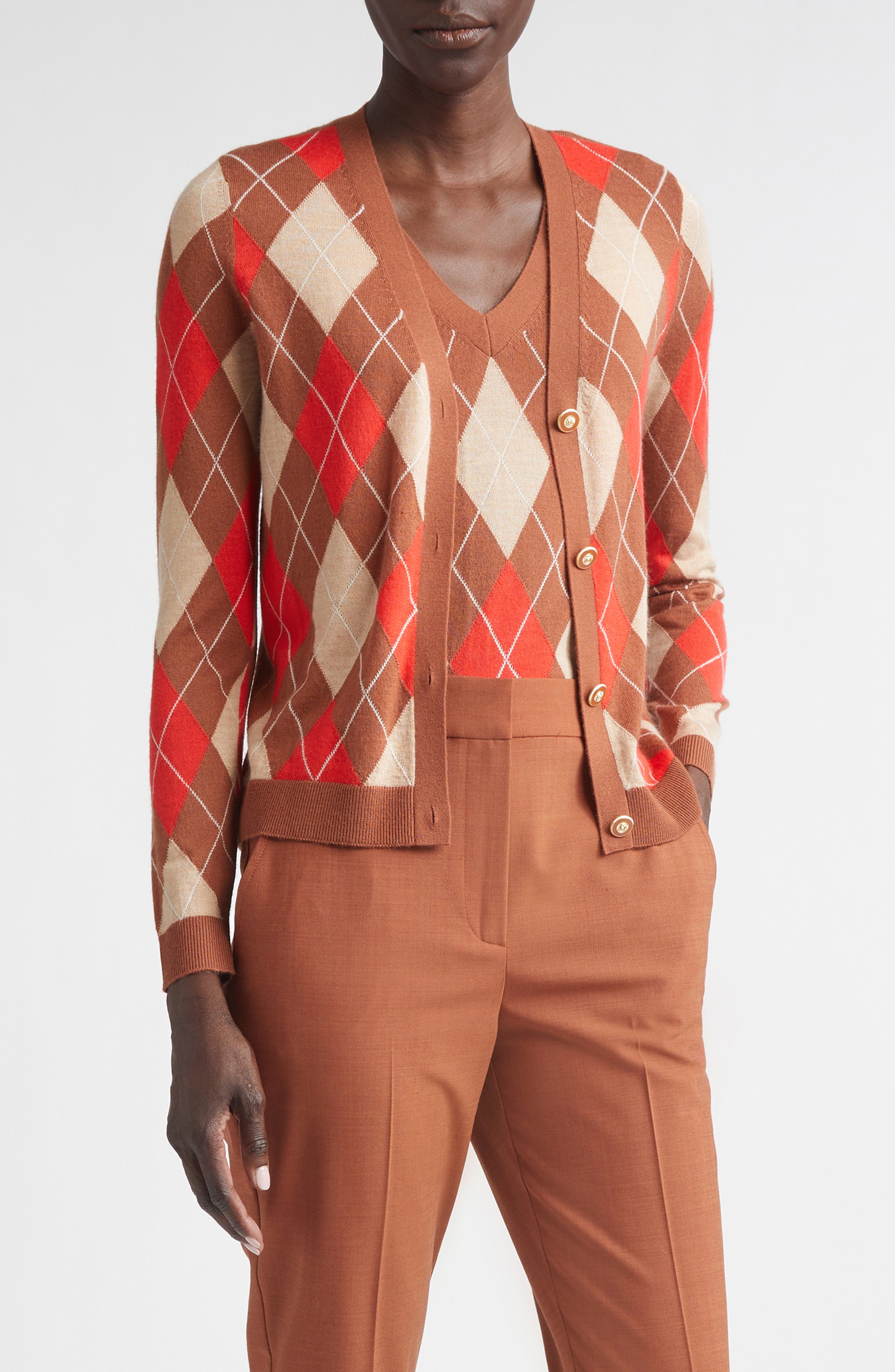 St John St. John Argyle Plaid Wool Blend Cardigan In Camel/rust/persimmon Multi