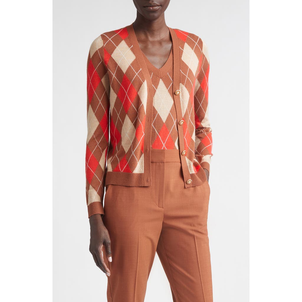 St John St. John Argyle Plaid Wool Blend Cardigan In Camel/rust/persimmon Multi