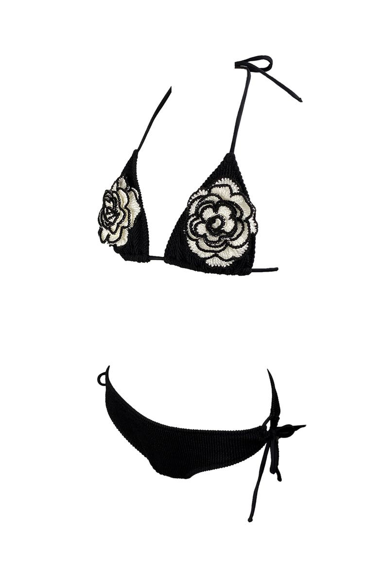 Kids' Triangle Hand-Made Crochet Flower Detail Two-Piece Swimsuit, Alternate, color, Black