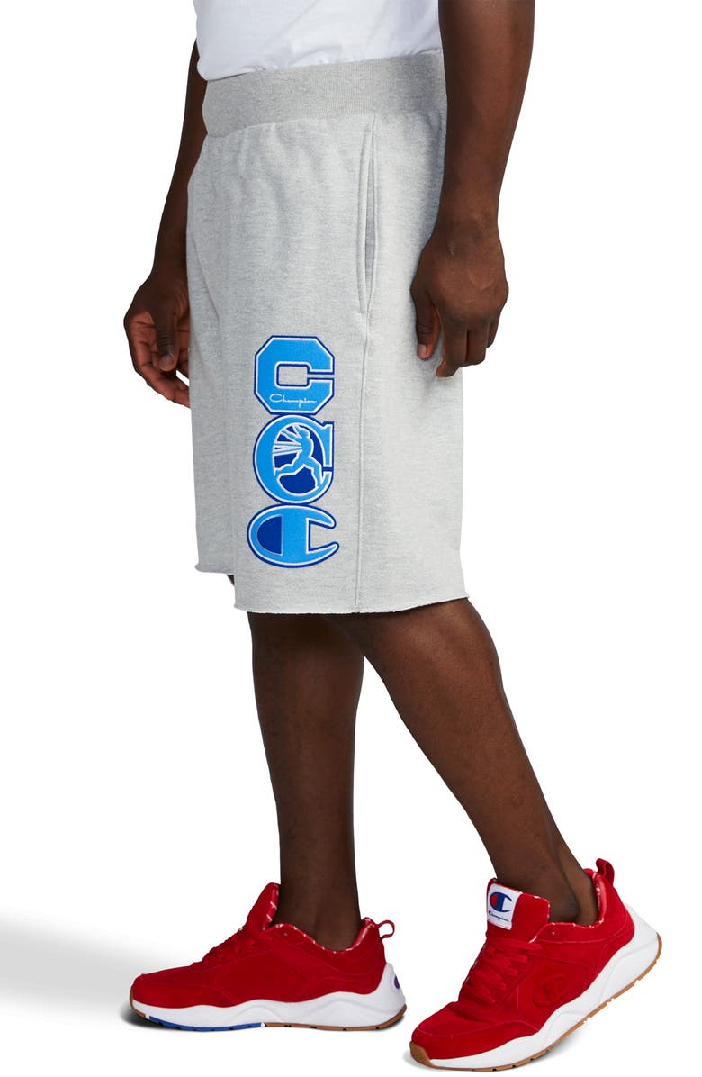 Champion Reverse Weave Felt Patch Cutoff Fleece Shorts, Alternate, color,