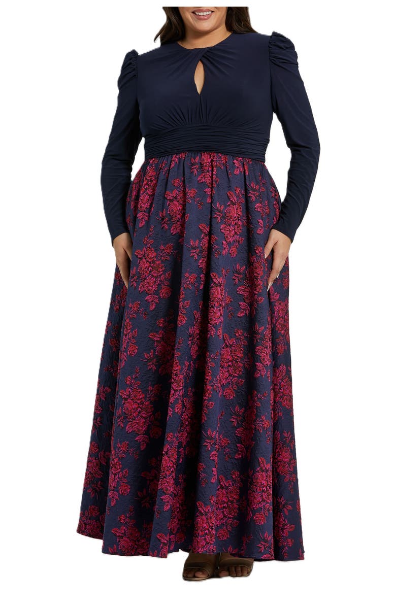 Mac Duggal Long Sleeve Keyhole Knot Neck Floral Bottom Gown, Main, color, Midnight