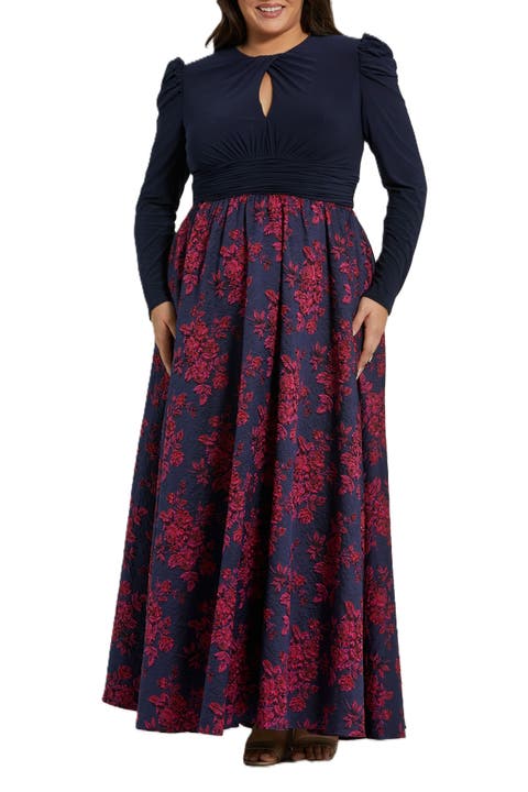 Long Sleeve Keyhole Knot Neck Floral Bottom Gown
