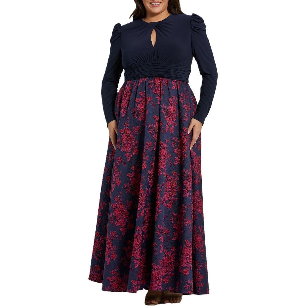 Mac Duggal Long Sleeve Keyhole Knot Neck Brocade Floral Detail Bottom Plus Size Gown In Midnight