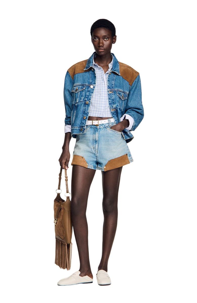 SANDRO Riveted denim and suede shorts, Alternate, color, Light Bu Jean