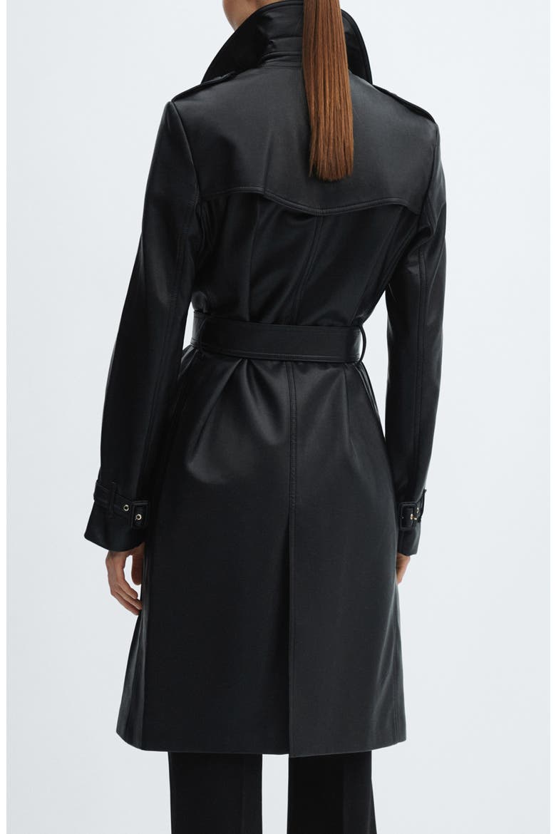 Double Breasted Water Repellent Faux Leather Trench Coat, Alternate, color, BLACK