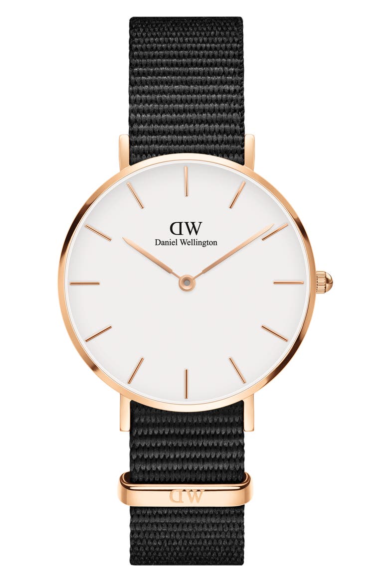 Classic Petite NATO Strap Watch, 32mm, Main, color, BLACK/ WHITE/ ROSE GOLD