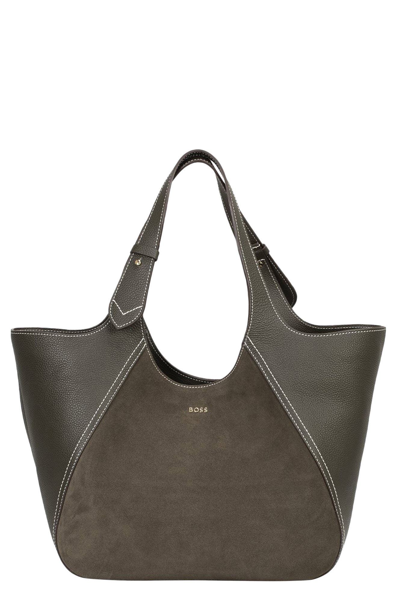 HUGO Big Lenah Suede Tote, Main, color, Dark Green