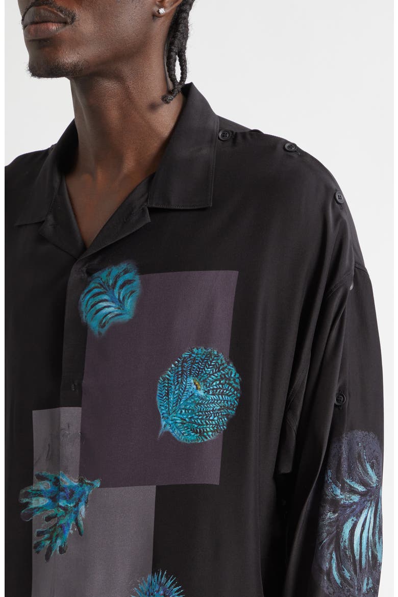 Button Shoulder Sea Creature Graphic Silk Button-Up Shirt, Alternate, color, BLACK