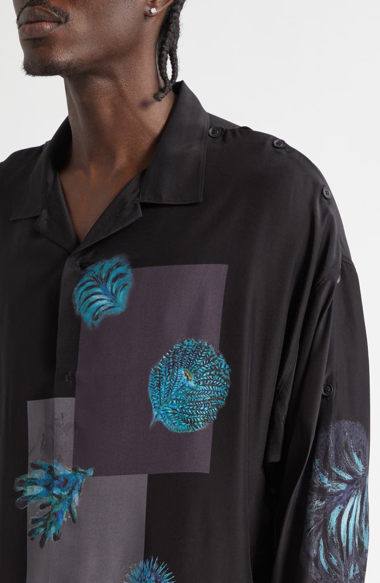 Yohji Yamamoto Button Shoulder Sea Creature Graphic Silk Button-Up Shirt, Alternate, color, Black