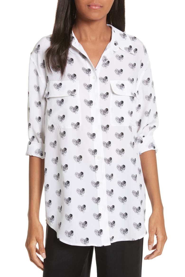 Signature Heart Print Silk Shirt, Main, color, BRIGHT WHITE
