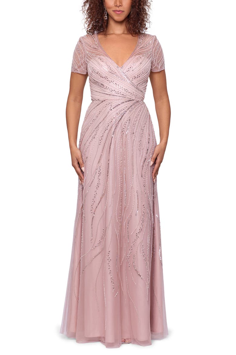 Xscape Bead & Sequin Fit & Flare Gown, Main, color, BLUSH