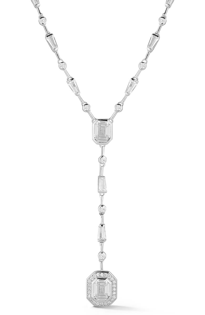 GLAZE JEWELRY Rhodium Plated Sterling Silver CZ Station Y-Necklace, Main, color, 