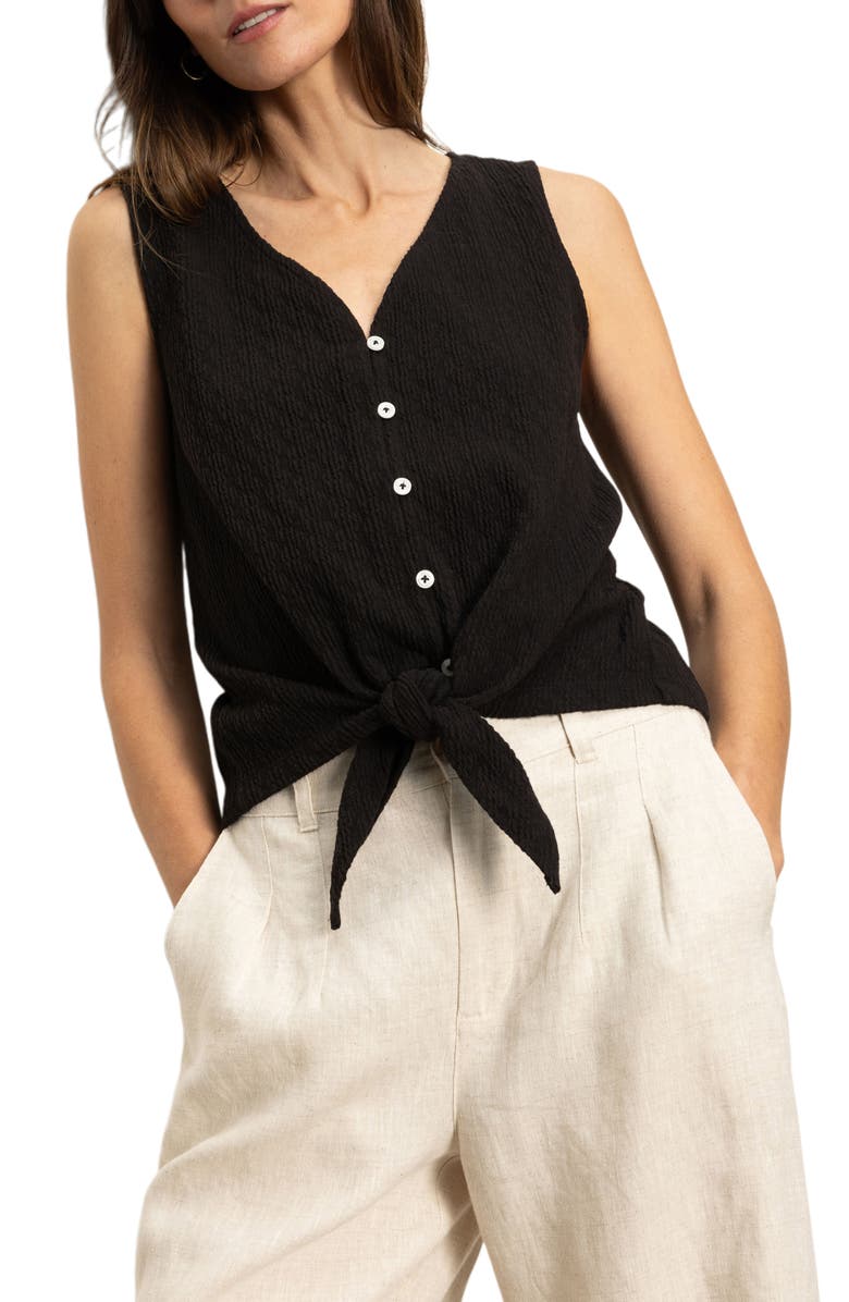 Sanctuary Vacation Textured Tie Front Button-Up Tank, Alternate, color, Black