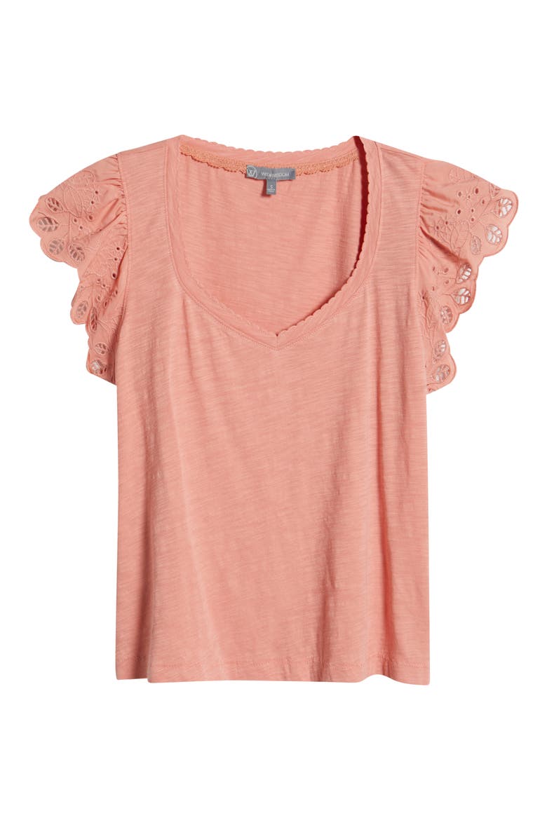 Eyelet Flutter Sleeve Jersey T-Shirt, Alternate, color, TG-TANGERINE