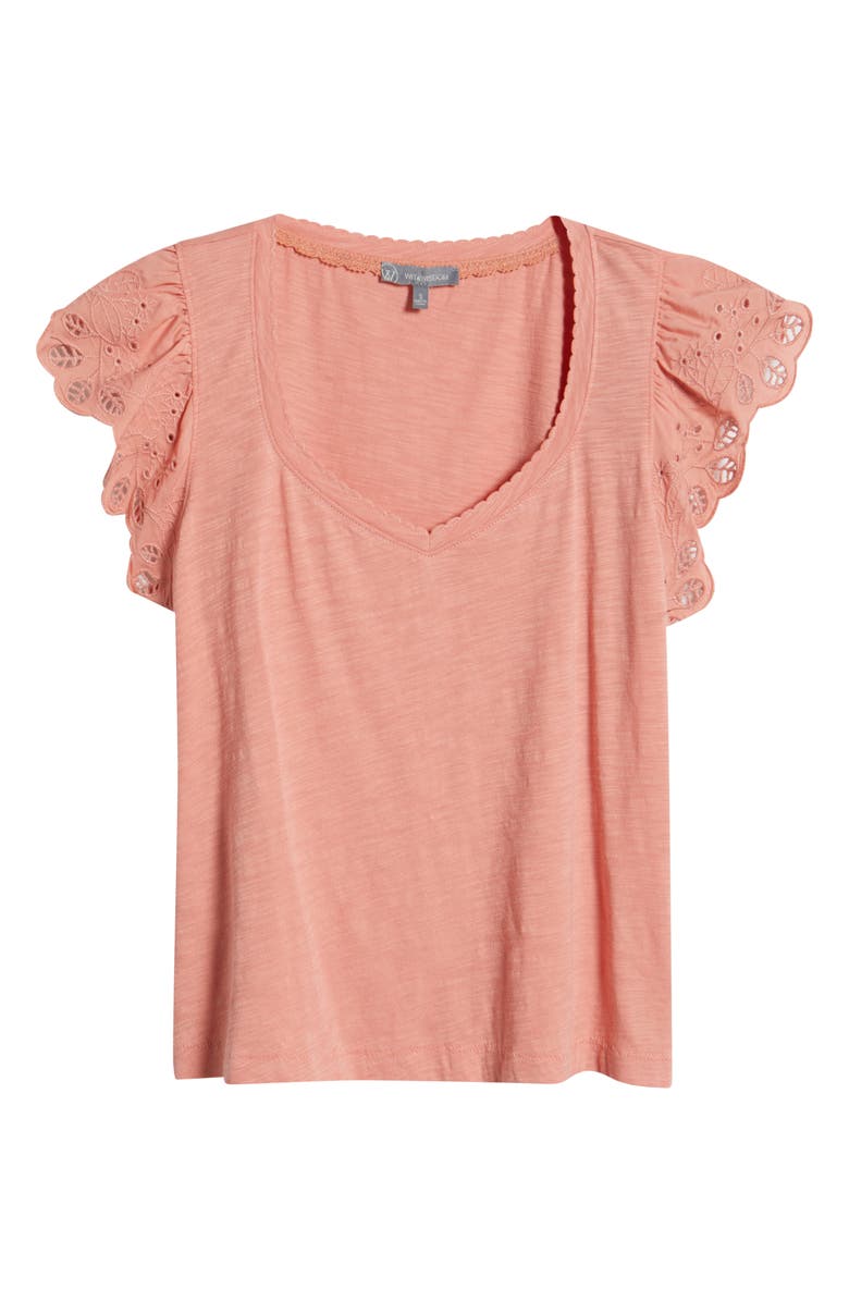 Wit & Wisdom Eyelet Flutter Sleeve Jersey T-Shirt, Alternate, color, Tg-Tangerine