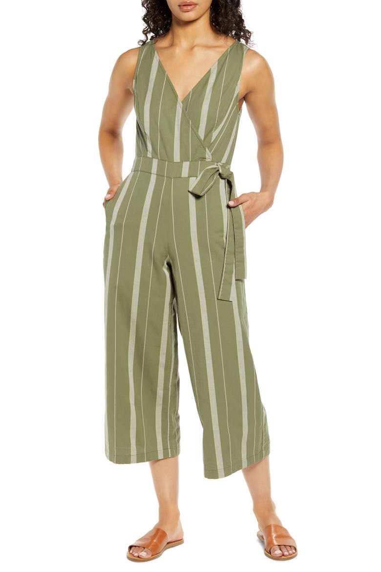 Daisy Stripe Sleeveless Cotton Jumpsuit, Main, color, OLIVE MULTI STRIPE
