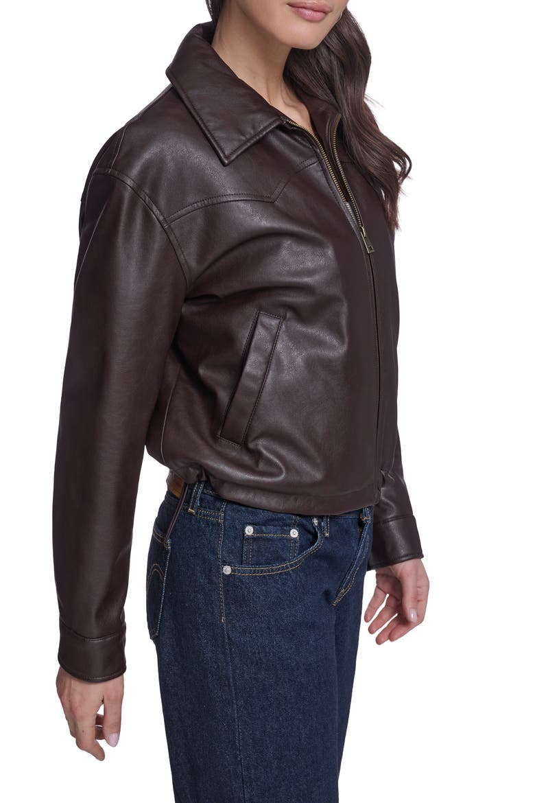 Western Yoke Faux Leather Bomber Jacket, Alternate, color, DARK BROWN
