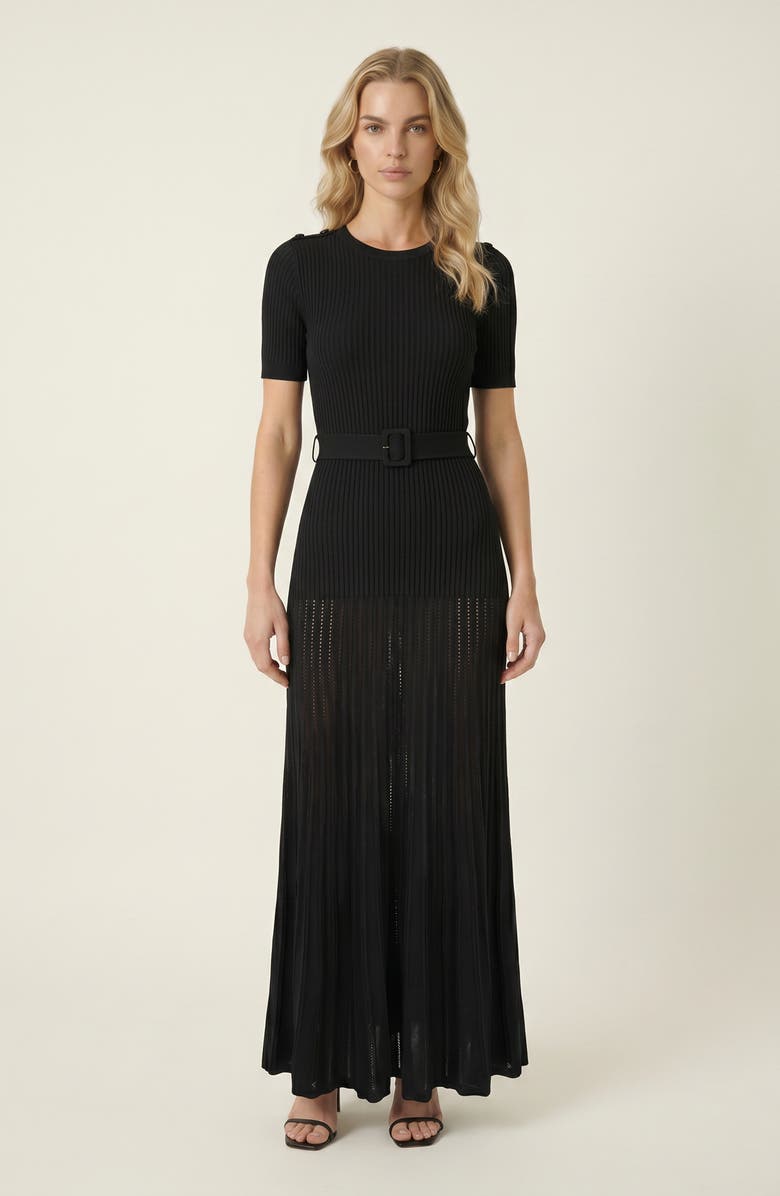 Modenaire Ribbed Knit Belted Waist Pleated Midi Dress, Main, color, Black
