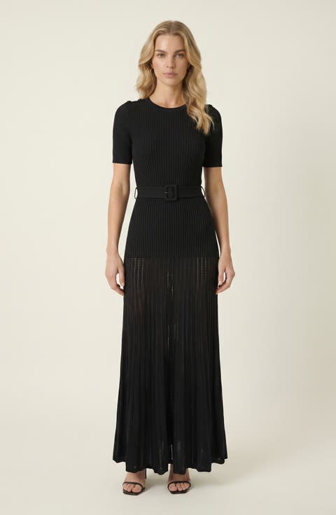 Ribbed Knit Belted Waist Pleated Midi Dress