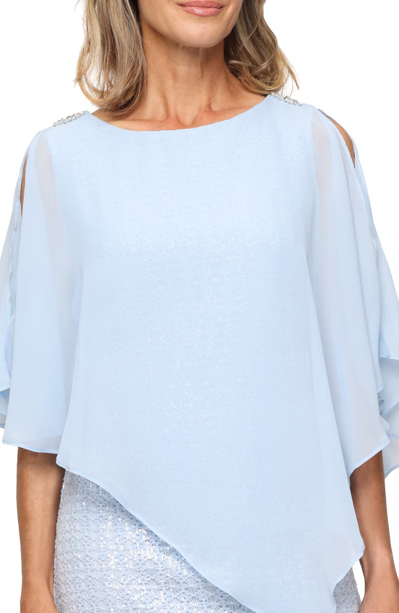 SL FASHIONS Sequin Open Stitch Cocktail Dress with Cape Overlay, Alternate, color, Light Blue