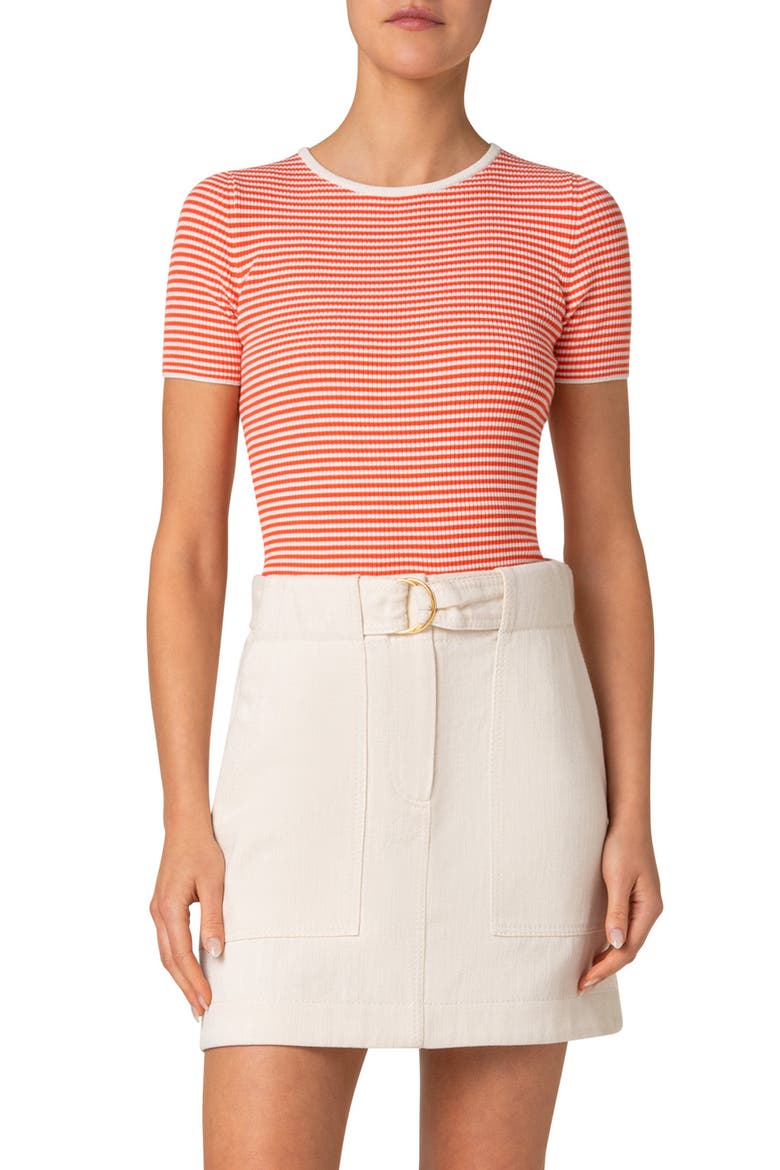 Sailor Stripe Short Sleeve Virgin Wool Rib Sweater, Main, color, CREAM-ORANGE