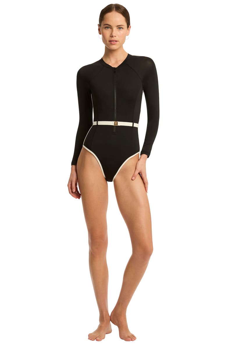 Sea Level Bound Belted Long Sleeve One-Piece Swimsuit, Alternate, color,