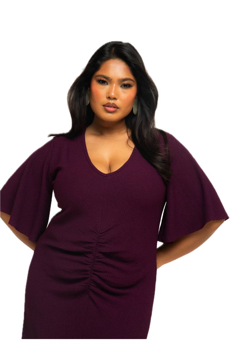 Ruched Flutter Sleeve Midi Dress, Alternate, color, Plum