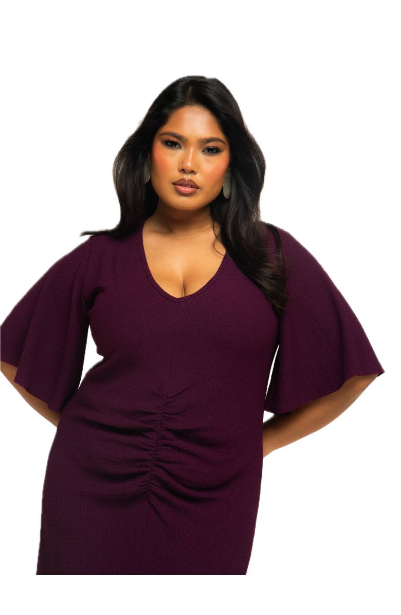FASHION-SZN CURVE Ruched Flutter Sleeve Midi Dress, Alternate, color, Plum