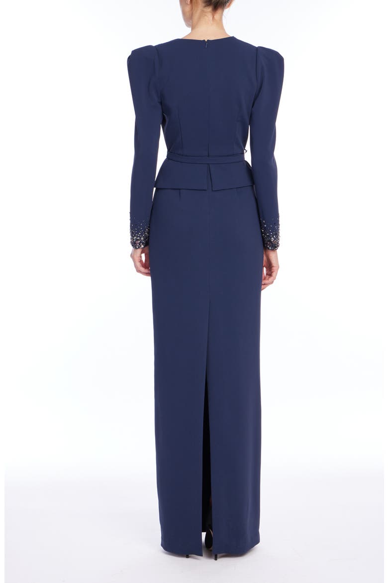 Beaded V-Neck Long Sleeve Gown, Alternate, color, NAVY