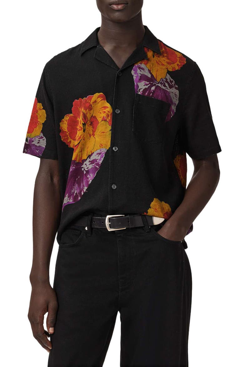 Nouvelle Floral Linen & Cotton Camp Shirt, Alternate, color, JET BLACK