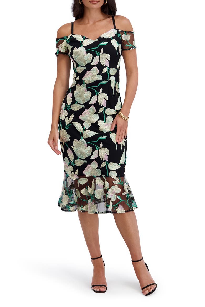 Cold Shoulder Midi Dress, Main, color, BLACK MULTI
