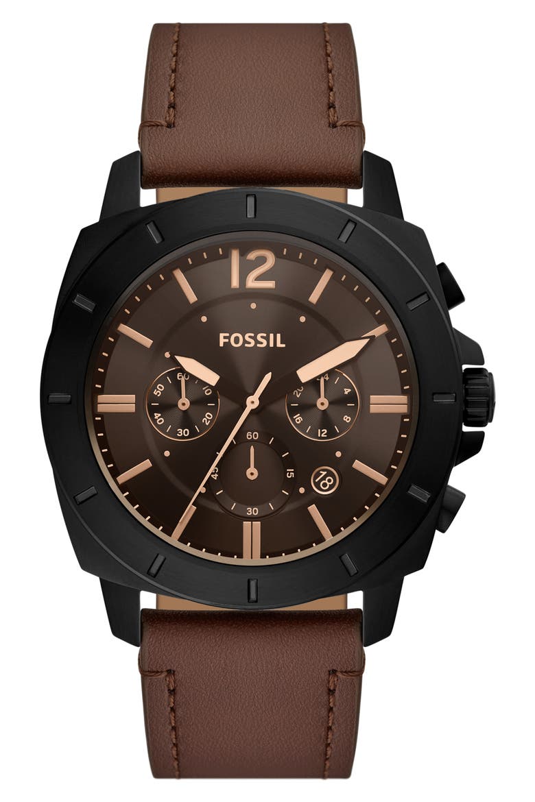 Privateer Chronograph Quartz Leather Strap Watch, 45mm, Main, color, BLACK