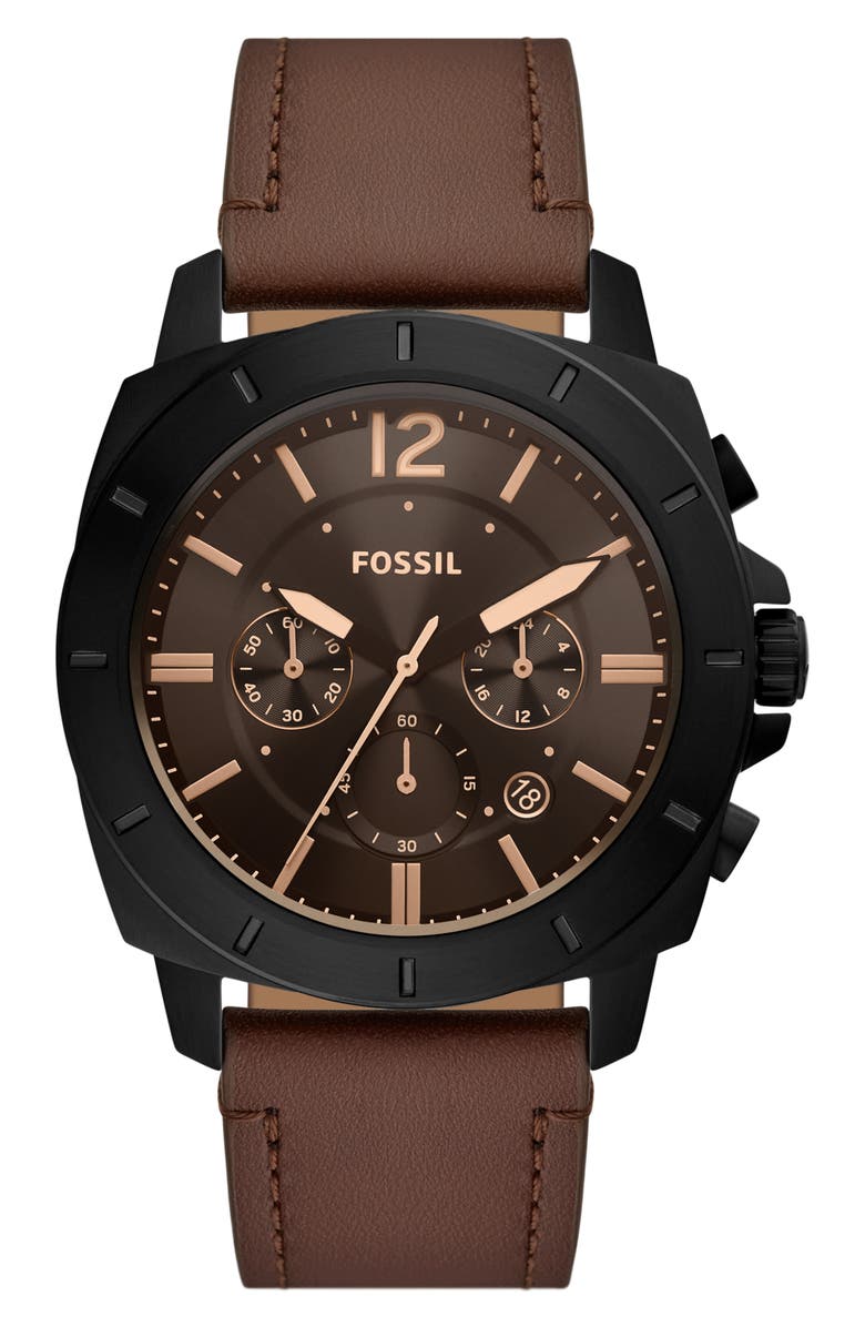 Fossil Privateer Chronograph Quartz Leather Strap Watch, 45mm, Main, color, 