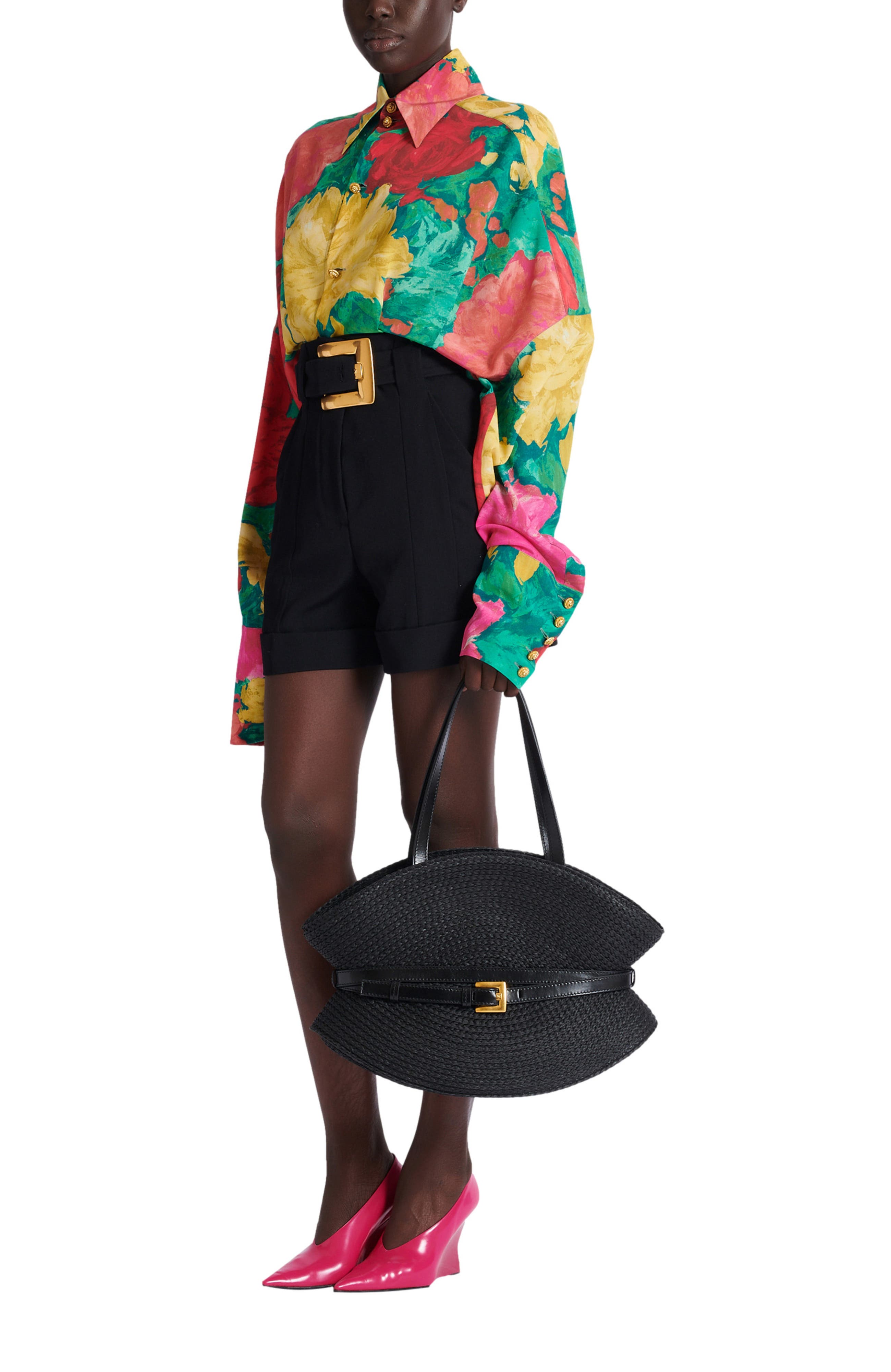 Shuffle Medium bag in calfskin leather and raffia, Alternate, color, black