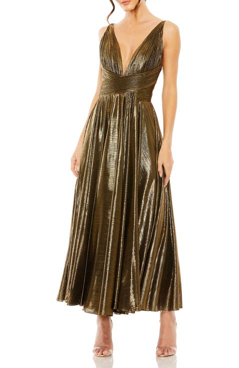 Sleeveless V Neck Pleated Top Metallic Dress