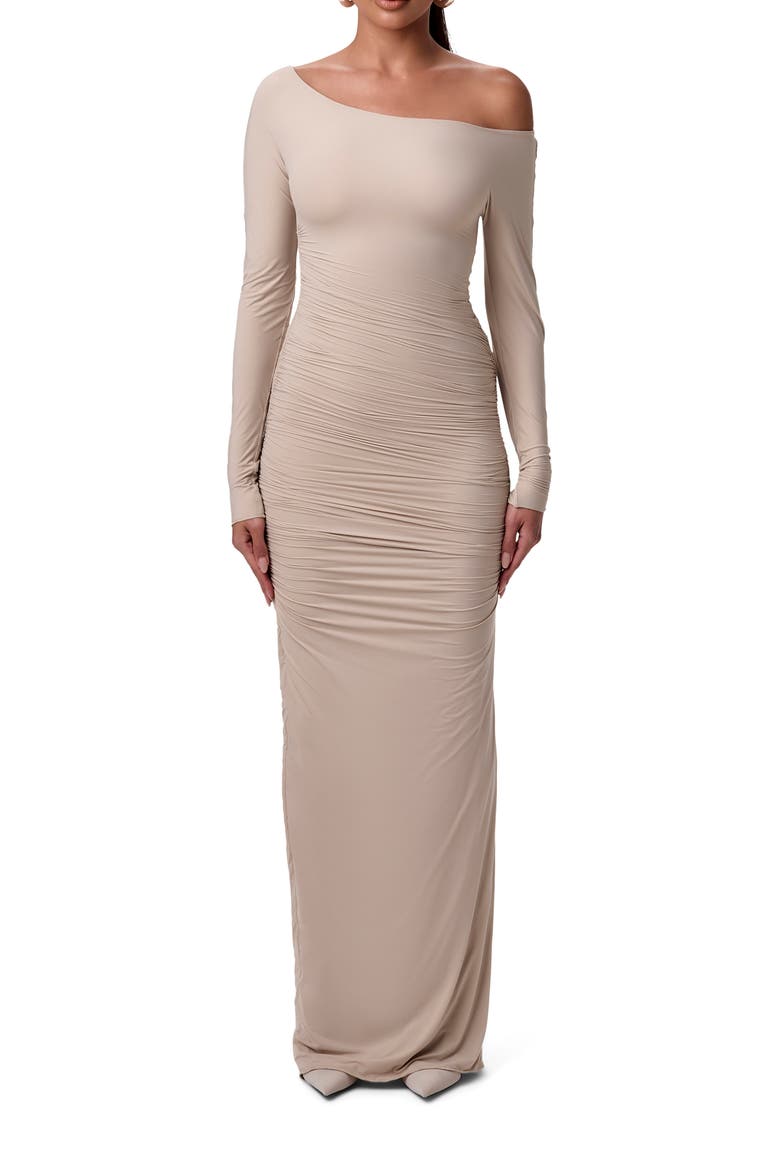 Ruched Off the Shoulder Long Sleeve Maxi Dress, Main, color, TAUPE