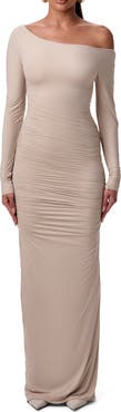 Naked Wardrobe Ruched Off the Shoulder Long Sleeve Maxi Dress