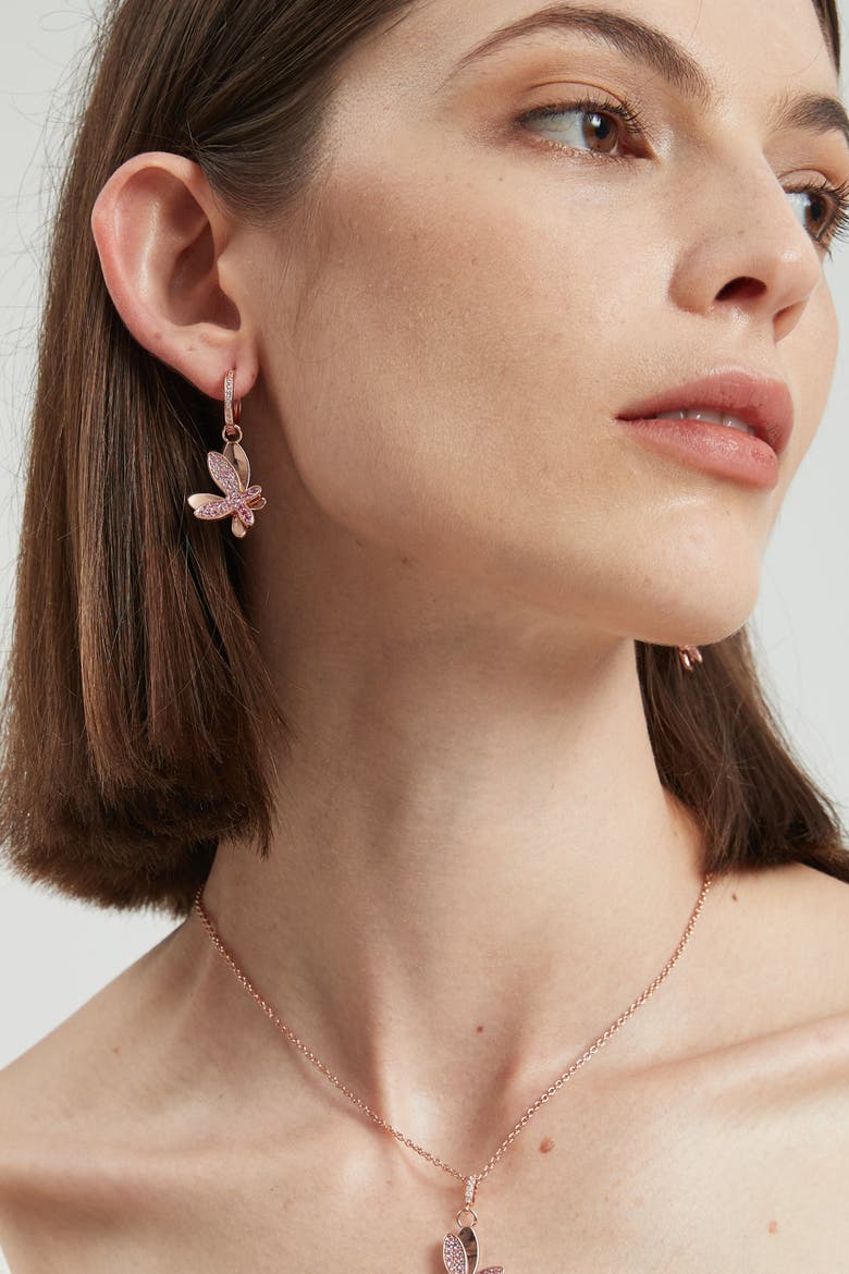 Pavé Butterfly Dangle Drop Hoop Earrings, Alternate, color, Rose Gold/Pink