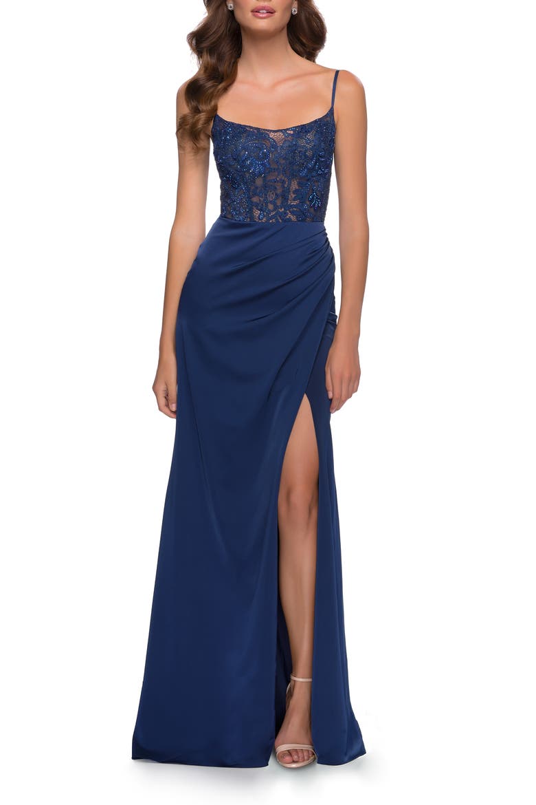 Satin Dress with Sheer Lace Bodice and Slit, Main, color, Navy