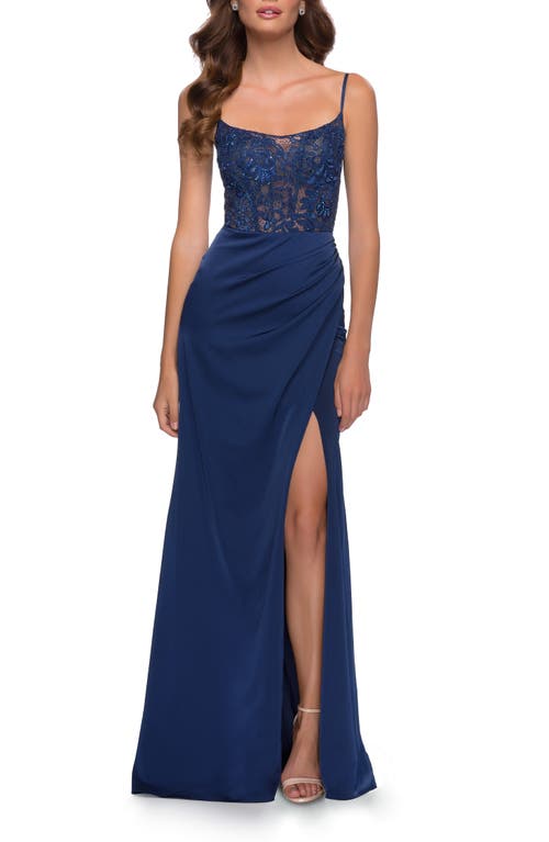 La Femme Lace Satin Gown In Navy