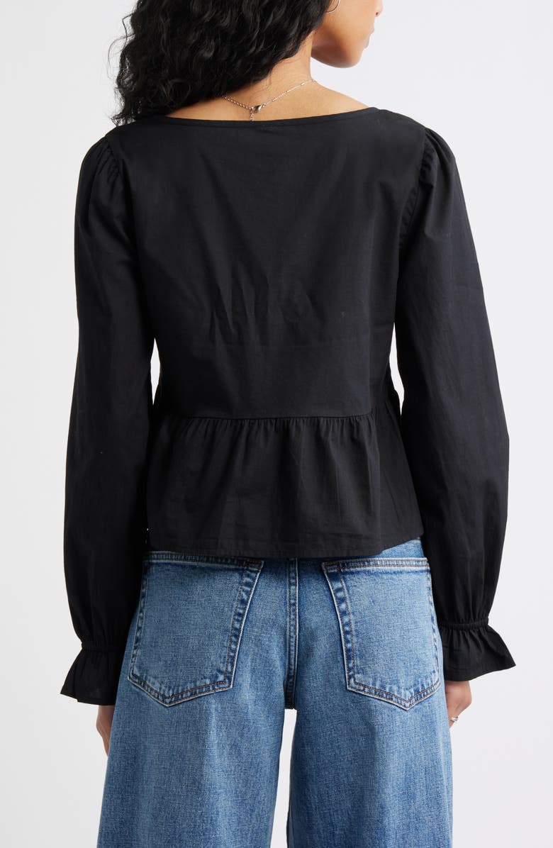 BP. Tie Front Scoop Neck Cotton Poplin Peplum Top, Alternate, color, Black