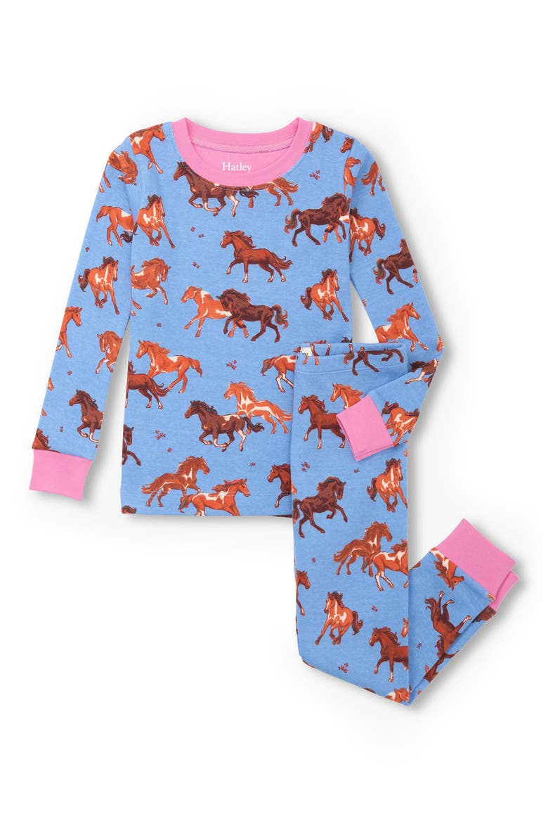 Kids' Tinsel Horses Organic Cotton Fitted Two-Piece Pajamas, Main, color, VISTA BLUE