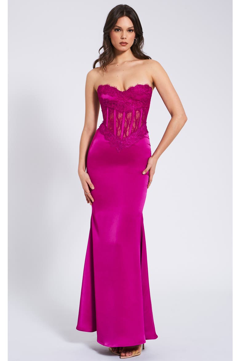 Everleigh Lace Satin Corset Maxi Dress, Main, color, Fuchsia