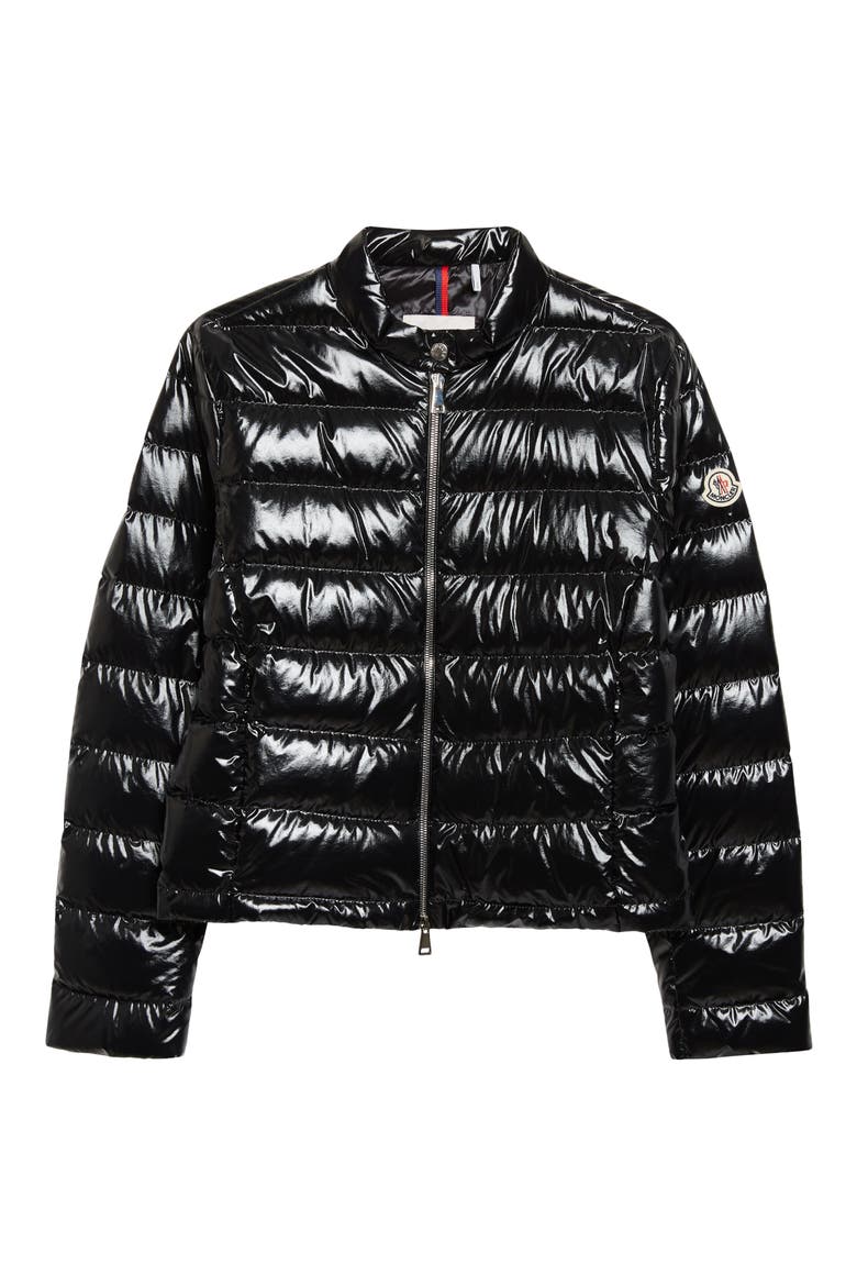 Papillon Crop Lacquered Nylon Puffer Jacket, Alternate, color, BLACK